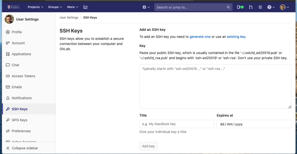 GitLab SSH Key Settings
