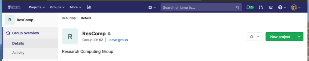 "New Project" button in ResComp GitLab Group