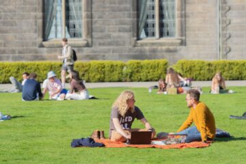 Students outside on St Salvator's Quadrangle, University of St Andrews